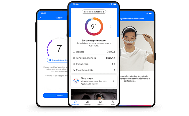 myAir-app med søvndata, masketilpasning og testskærmbilleder