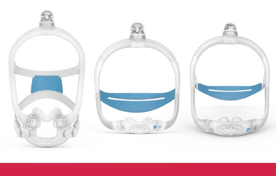 Udklip af tre tube-up-masker i ResMeds Frihed-maskekategori, vist forfra.