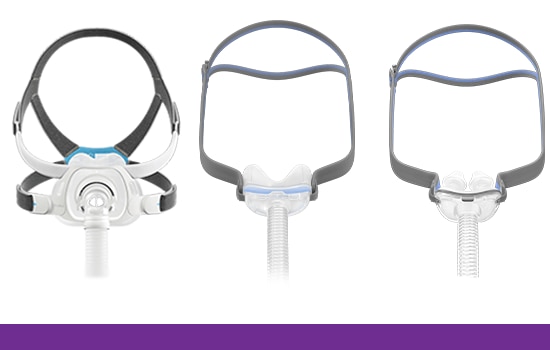 Udklip af tre masker i ResMeds minimalistiske maskekategori, vist forfra.