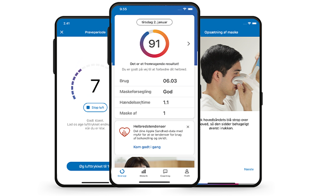 Udklip af tre mobiltelefoner, der alle viser forskellige skærme fra ResMed myAir-appen.