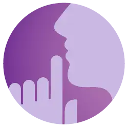 Et rundt lilla ikon med en tegning af en person, der sætter en finger op foran læberne for at symbolisere, at masken er støjsvag.
